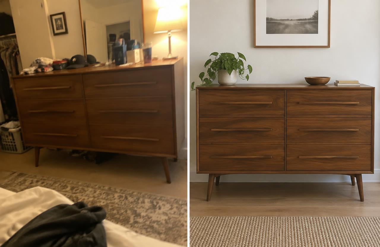 The same dresser before and after photo cleanup