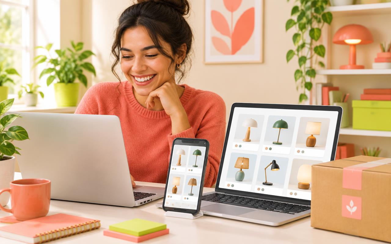 Seller smiling at finished listings on a laptop