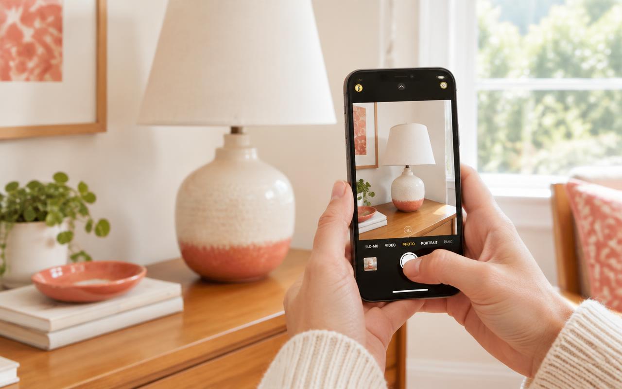 Taking a phone photo of a lamp to sell